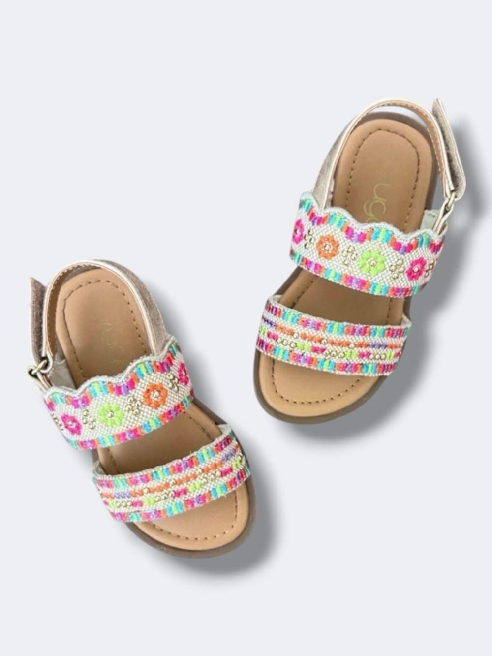 Sugar Sandals Girls 7 Multicolor Embroidered Beaded Open Toe Hook Loop Summer